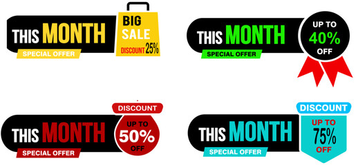 Monthly Promotion Tags: Bold This Month Special Offer Banners with Colorful Discount Labels for Timed Retail Campaigns