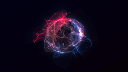 Energetic light sphere in red and blue glowing waves on dark background. Abstract plasma flow forming circular motion. Sci-fi style digital visualization of energy twist and fluid light trail dynamics - Powered by Adobe