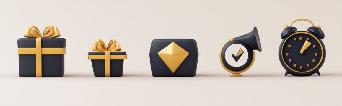 Elegant black and gold icons of gift boxes, megaphone, and alarm clock on a neutral background