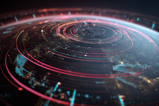 the Earth with fine latitude and longitude lines, concentric signal waves made of binary code and spectrograms emanating from several points, glowing at the intersections