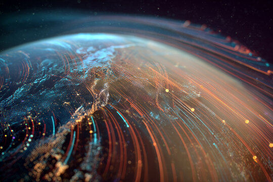 the Earth with fine latitude and longitude lines, concentric signal waves made of binary code and spectrograms emanating from several points, glowing at the intersections
