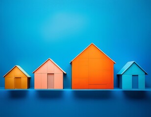 Four Colorful Abstract House Silhouettes on Blue Background | Real Estate and Community Concept