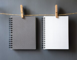 Blank Grey and White Spiral Notebooks Hanging on Jute Rope with Clothespins | Idea Mockup