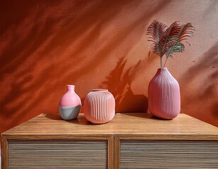 Terracotta & Pink Mid-Century Accent: Fluted Vase with Pampas Grass on Wooden Cabinet