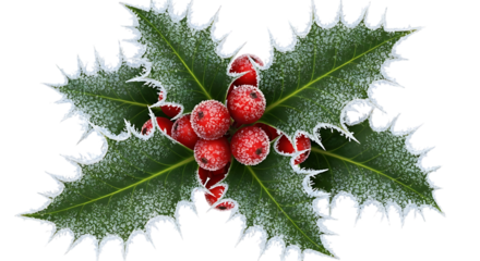 Iced holly with berries on transparent background to celebrate winter holidays