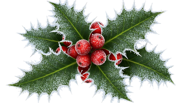 Iced holly with berries on transparent background to celebrate winter holidays