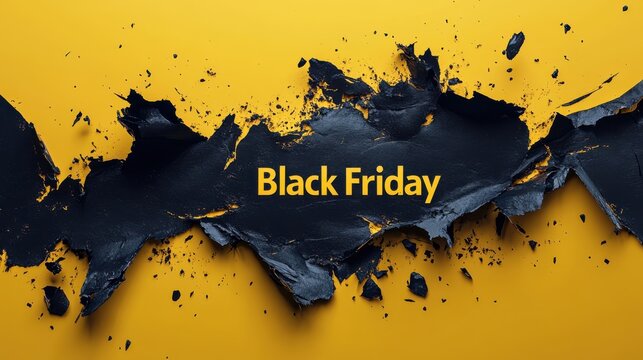 Black friday banner with dramatic black torn paper on vibrant yellow background - Powered by Adobe