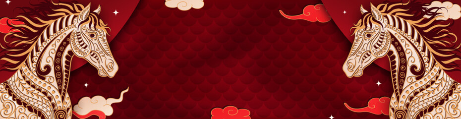 Template of red panoramic banner with Asian Fire Horses, clouds, stars, scales pattern and empty space for text. New Year 2026 with equines, Christmas blank header. Lunar Horoscope, zodiac sign 