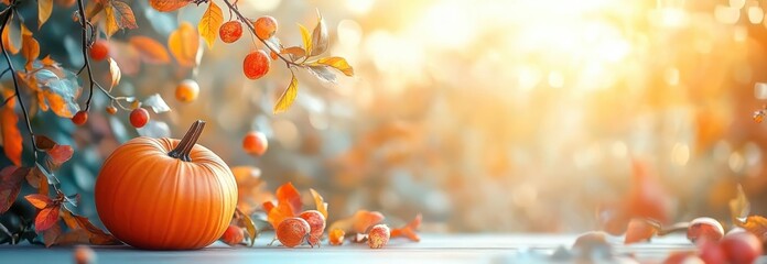 Beautiful autumn background with pumpkins and colorful leaves under warm sunlight, showcasing a serene and festive atmosphere perfect for fall season themes and Thanksgiving celebration displays.
