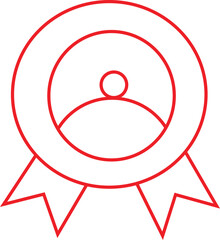 Red outline of a medal or award with ribbons and a person silhouette inside