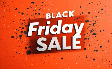 Black Friday sale promotional banner featuring bold text on a vibrant orange background with scattered dark paint splatters for dynamic effect