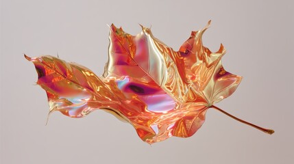Iridescent autumn leaf with liquid metal sheen and natural texture