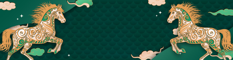 Green panoramic banner with hand drawn paper cut clouds, stars and golden Chinese Horse as a zodiac sign for 2026 New Year. Layered header in asian style. Christmas craft billboard or greeting card