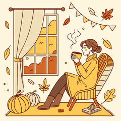 A cozy autumn vibe. A woman sips a hot drink, tea, or coffee, while sitting in a chair in a room. Vector doodles