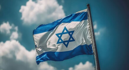 Israeli flag waving against a bright blue sky with soft clouds, symbolizing national pride and identity