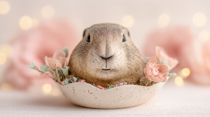 Ceramic groundhog emerging from paper burrow