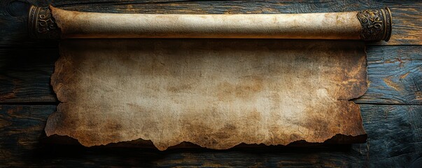 Vintage blank parchment scroll on rustic old wooden background for historical themes and traditional manuscript concept