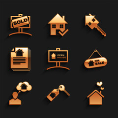Set Hanging sign with Open house, House key, heart shape, For Sale, Man dreaming about buying, contract, and Sold icon. Vector
