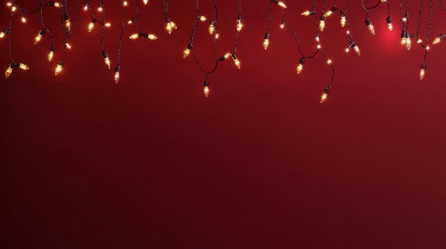 string lights on a dark red background. Decorative garland for celebrations, weddings, or party decorations with warm, glowing bulbs. Realistic fairy light chain.