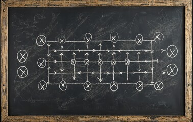 Chalkboard showing an American football game strategy with arrows and Xs depicting players' positions and movements