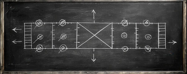 Chalkboard displaying American football game strategy with diagrams and arrows for sports coaching.