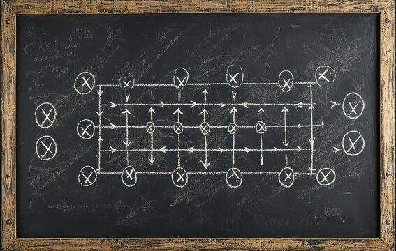 Chalkboard showing an American football game strategy with arrows and Xs depicting players' positions and movements