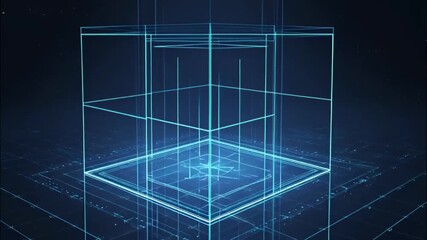Abstract glowing blue wireframe cube on dark futuristic technology background - Powered by Adobe
