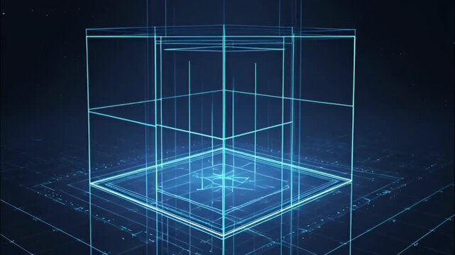 Abstract glowing blue wireframe cube on dark futuristic technology background