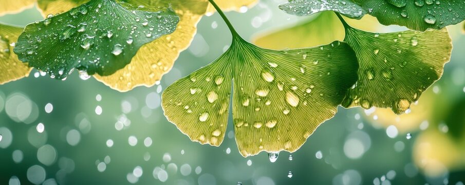 Close-up of ginkgo leaves with fresh water droplets on a vibrant green background