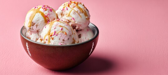 Ice cream in football bowl with syrup and sprinkles