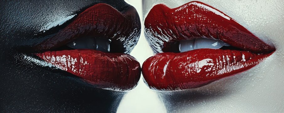 Close-up of glossy red lips on contrasting black and white painted skin, emphasizing bold beauty and sensuality