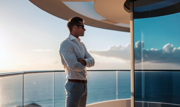 Stylish man in white shirt and sunglasses standing on luxury balcony by the ocean at sunset, symbolizing success, confidence, and ambition.