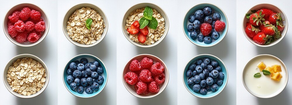 A collage of bowls featuring vibrant fruits and oats with a touch of mint for a fresh and healthy breakfast setting