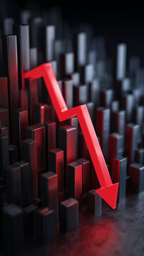 Financial chart showing a downward orange arrow, symbolizing market crash, loss, or decline in economic performance