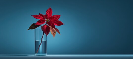 Red poinsettia in clear vase on blue background