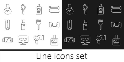 Set line Aftershave, Bow tie, Bottle of shampoo, Beard and mustaches care oil bottle, Curling iron for hair, Hairbrush and Hand mirror icon. Vector