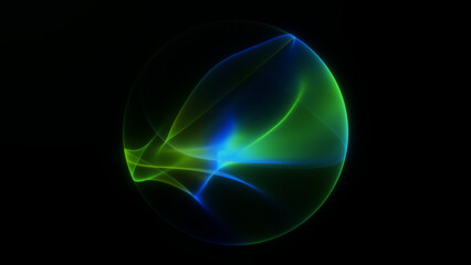 Abstract glowing sphere with green and blue fluid light waves and translucent texture on a dark background. Futuristic sci-fi energy shape with smooth dynamic flow and high contrast colors.