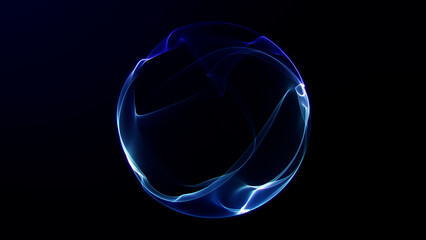Abstract glowing energy sphere with smooth flowing blue and violet light waves on dark background. High-tech digital shape with a soft futuristic aesthetic. Ideal for sci-fi or tech visuals.