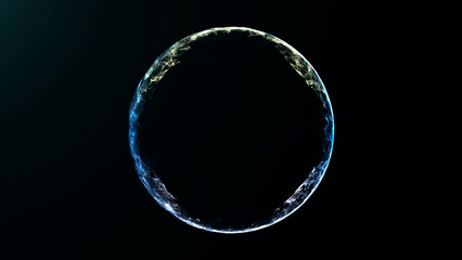 Bright energy ring made of glowing blue and yellow light particles on dark background. Futuristic abstract plasma circle in black space. Sci-fi sphere made of flowing luminous wave energy.