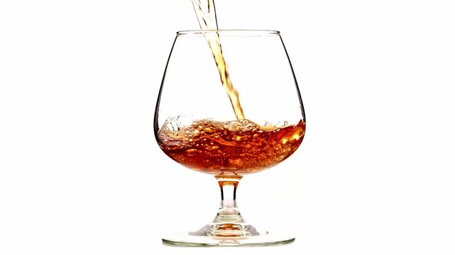 Elegant slow-motion shot of brandy being poured into a clean glass, forming gentle ripples