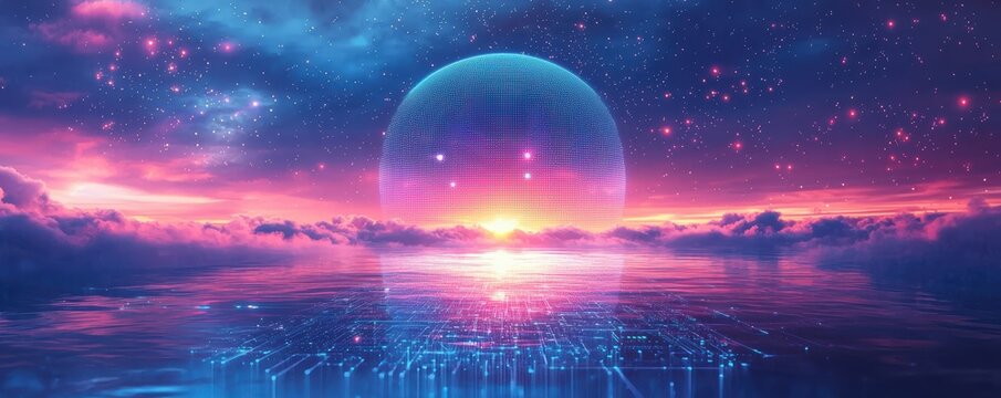 A surreal depiction of an AI interface with a glowing digital sphere reflecting on water at sunset