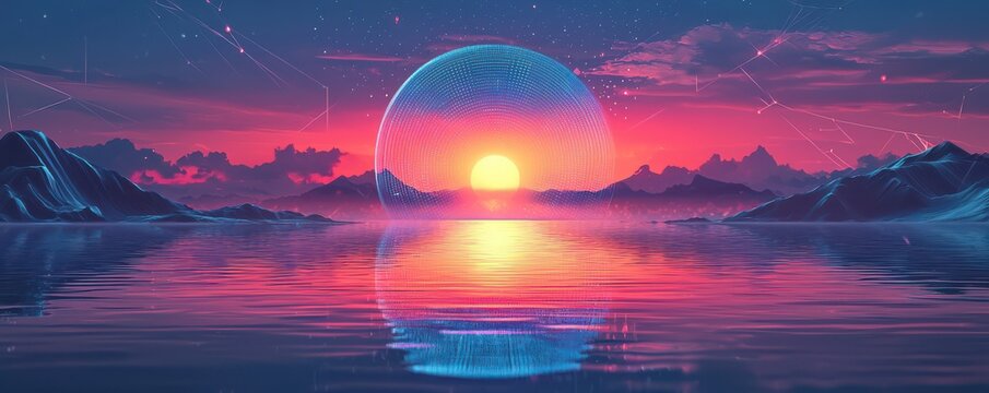Majestic digital landscape with futuristic AI interface reflecting over a serene ocean at sunrise