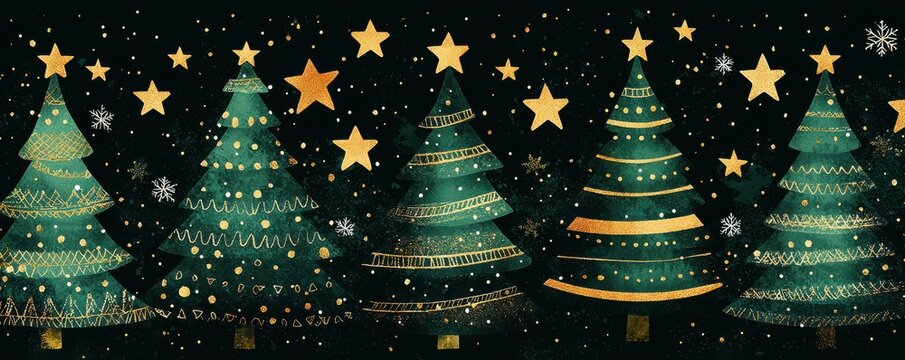Festive pattern of green Christmas trees with golden stars and snowflakes on a dark background