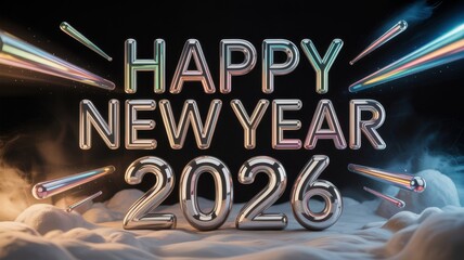 Happy New Year 2026 chrome text with light streaks