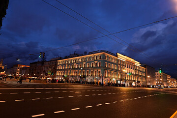 Evening view of Nevsky Prospect in Saint Petersburg.