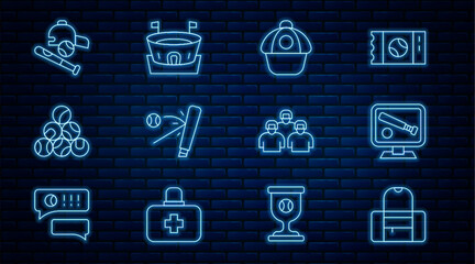 Set line Sport bag, Monitor with baseball game, Baseball cap, bat, ball, hat, Team of players and arena icon. Vector