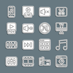 Set line Online play video, Music note, tone, Smart Tv, Speaker mute, volume, MOV file, player and icon. Vector