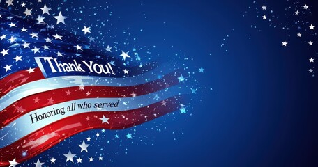 Thank you message with American flag stars on blue background
