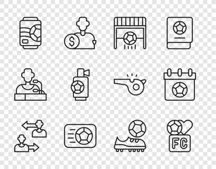 Set line Substitution football player, Fan club, Football goal with, Soccer, Beer can, Air horn, shoes and soccer calendar icon. Vector