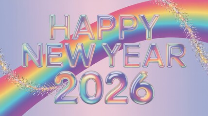 Happy New Year 2026 holographic text rainbow celebration